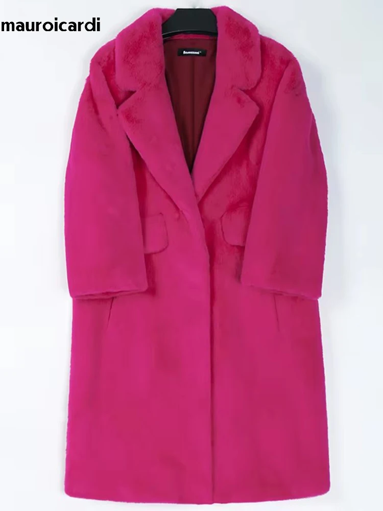 

Mauroicardi Spring Winter White Faux Fur Coccon Coat Women with 3/4 Sleeve Warm Thick Black Loose Casual Soft Fluffy Jacket 2024