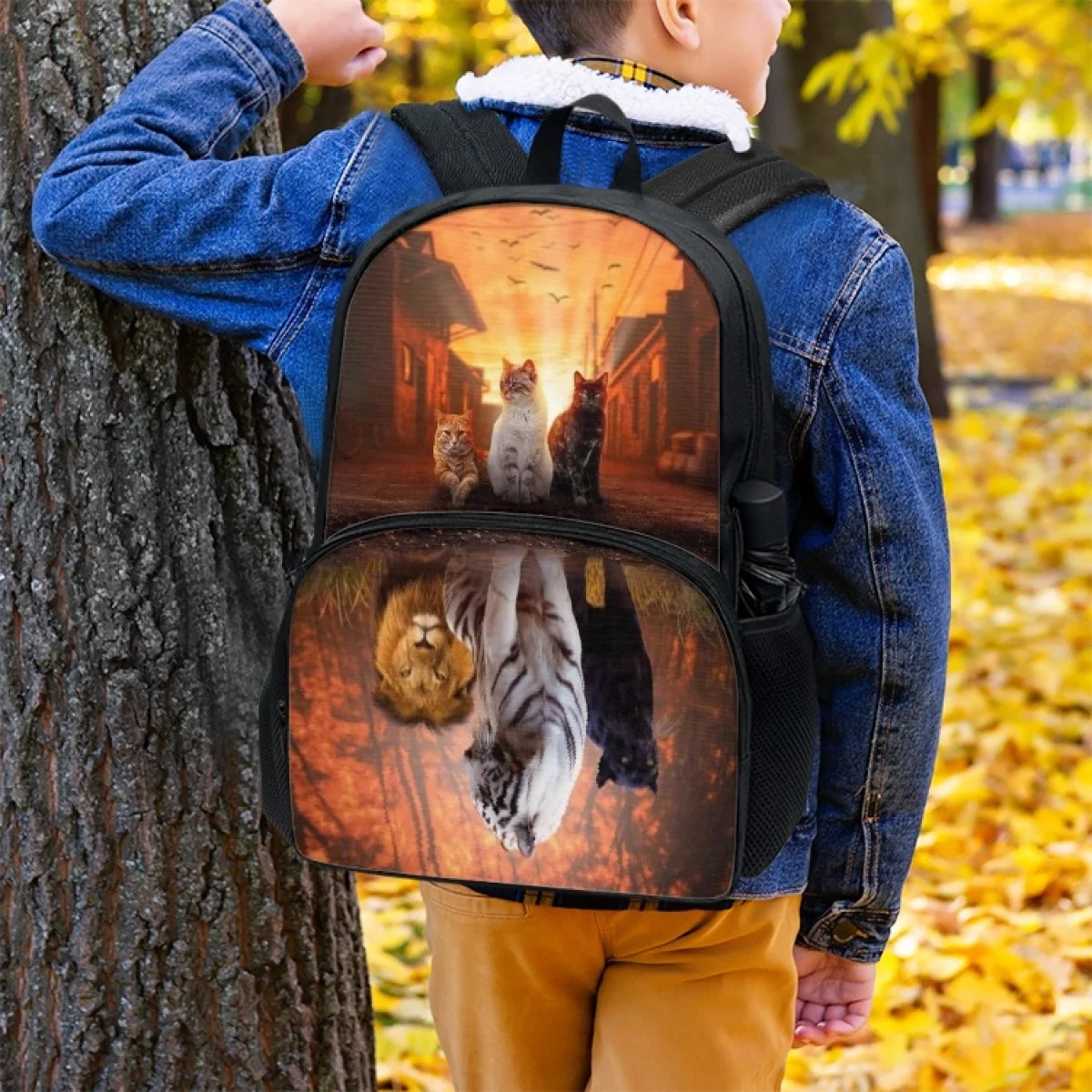 FORUDESIGNS Cat Reflection Tiger Backpacks Elementary School Schoolbags Multi-Layer Animal Print Bookbags Universal Back Pack