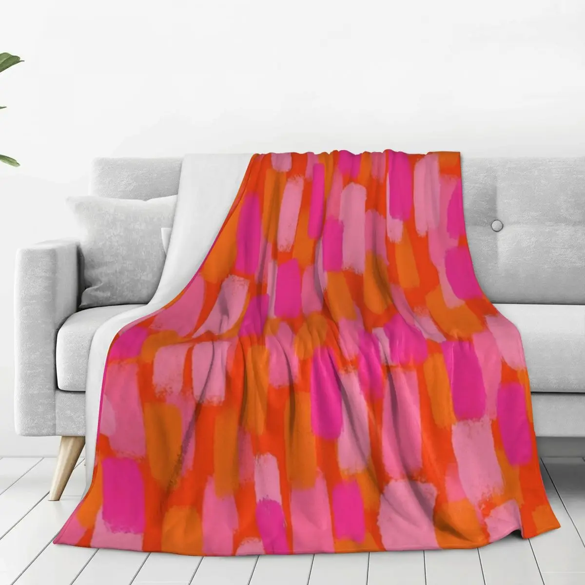 Abstract, Pink And Orange, Paint Brush Effect Blanket Fleece Multi-function Throw Blankets Blanket For Home Throws Bedspread