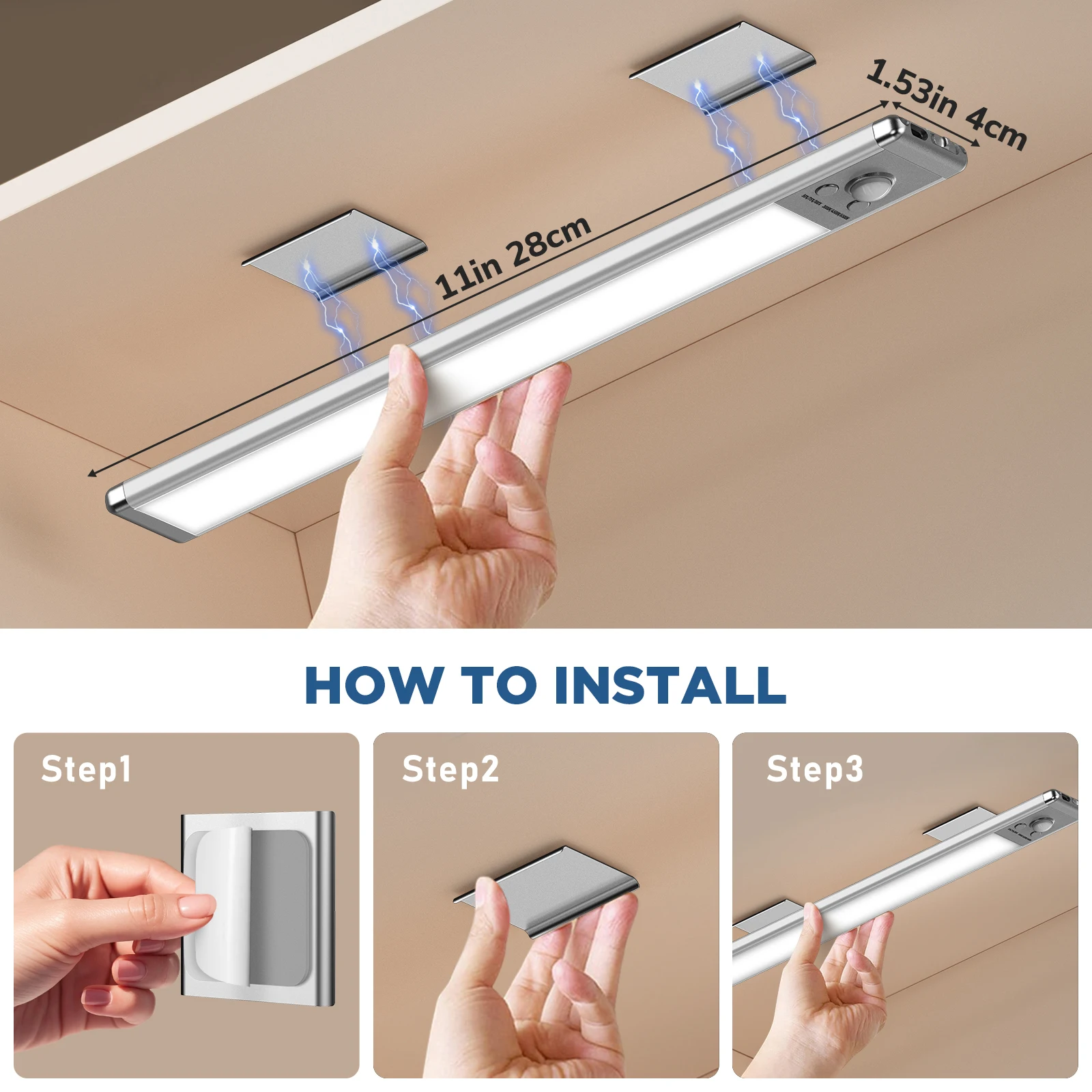 2-Piece Magnetic Cabinet Light Set, 76 LED Rechargeable Batteries, Motion Sensor Light, 3 Levels of Brightness