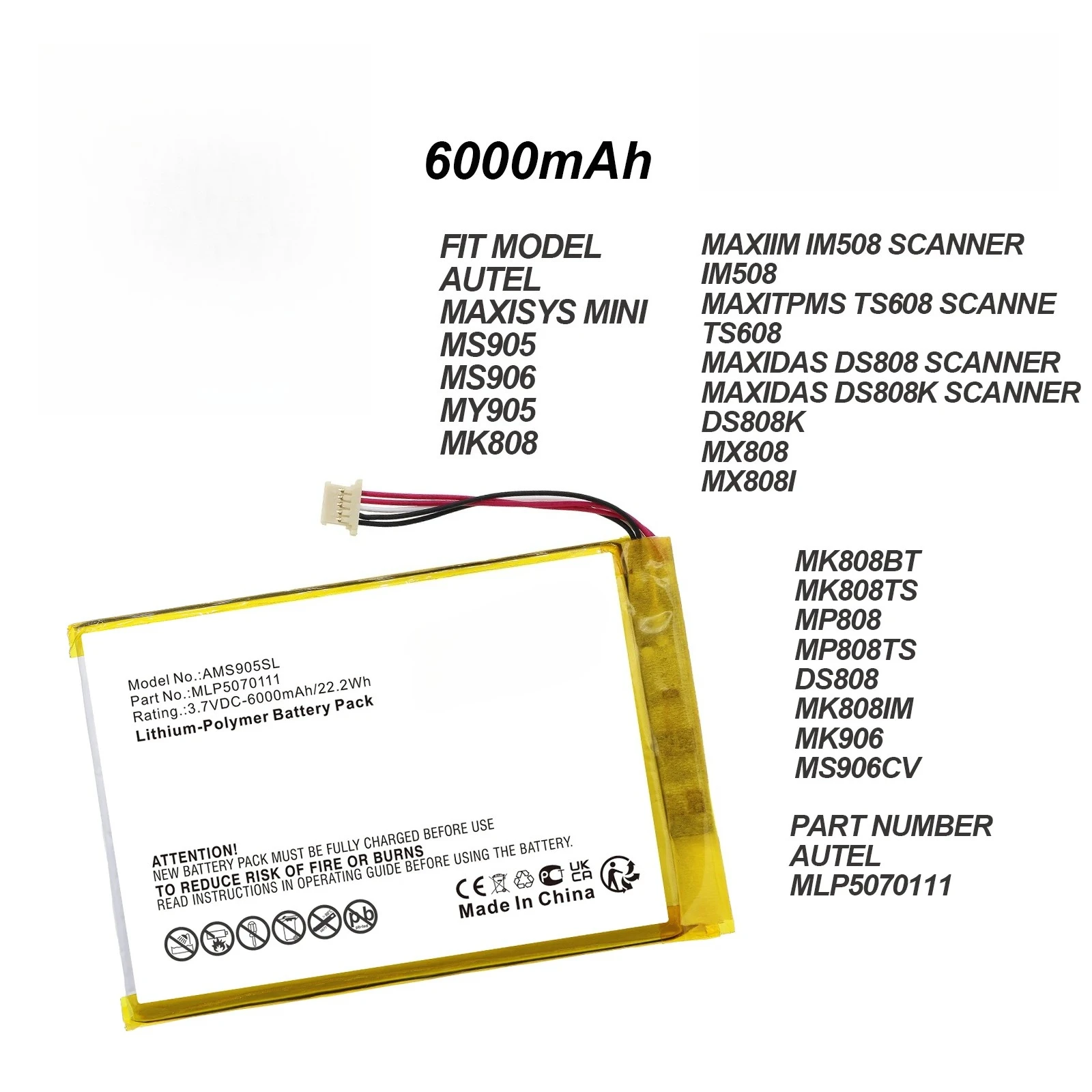 6000mAh Battery for Autel MaxiSys Mini,MS905,MS906,MY905,MK808,MK808BT,MK808TS,MP808,MP808TS,DS808,MK808IM,MK906,MS906CV