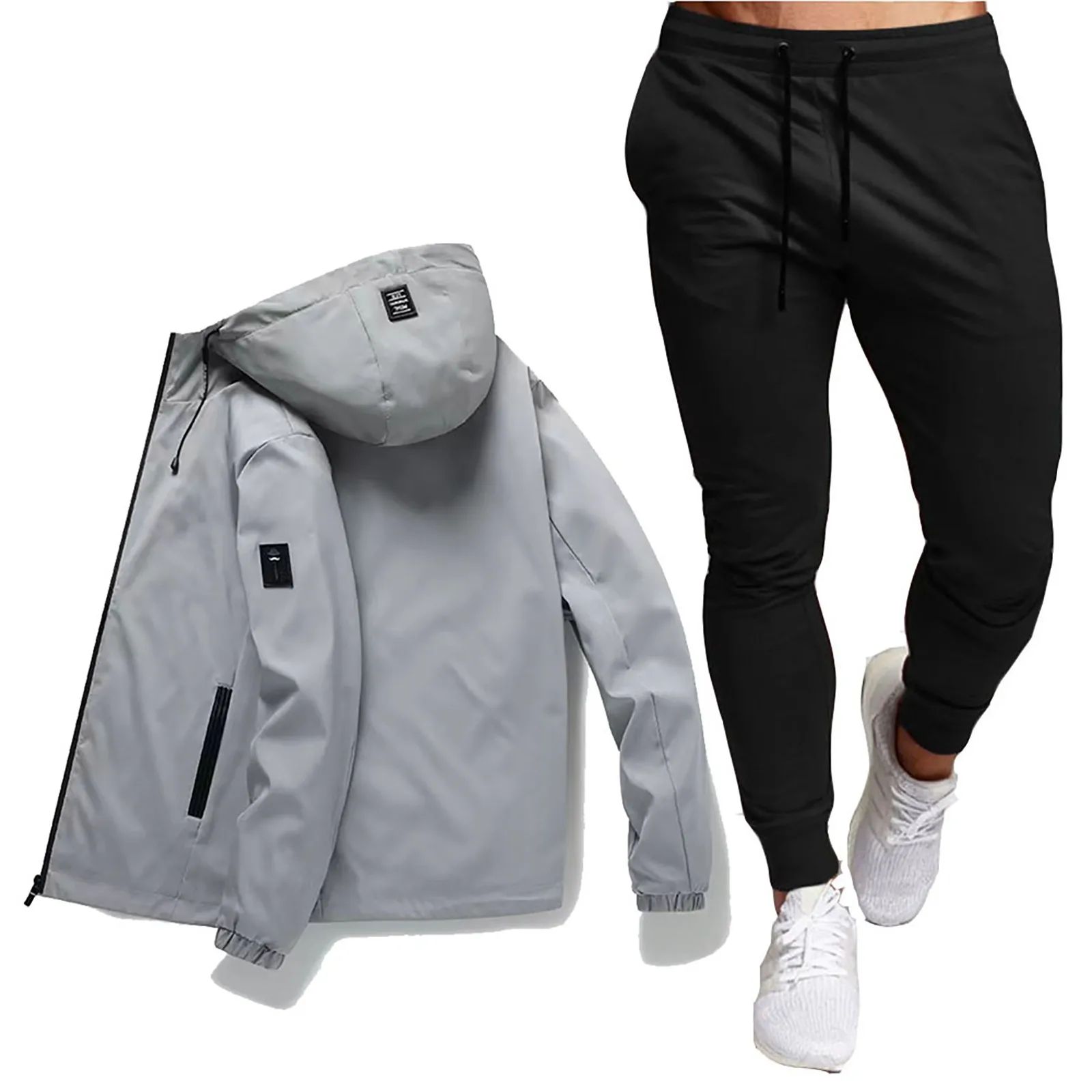 2 Piece Tracksuit Set Men\'s Zipper Hooded Pilot Jacket And Pants Set Fashion Casual Sports Windproof Autumn Winter Men\'s Jackets