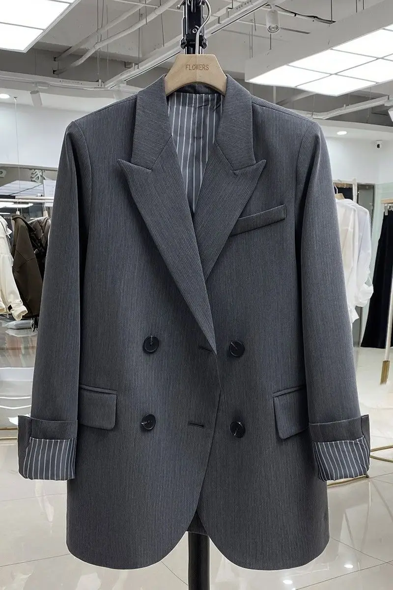 

Insozkdg Grey Suit Jacket for Women Spring New Trendy Double Breasted Loose Casual Suit High end Oversized Blazer Women Clothing