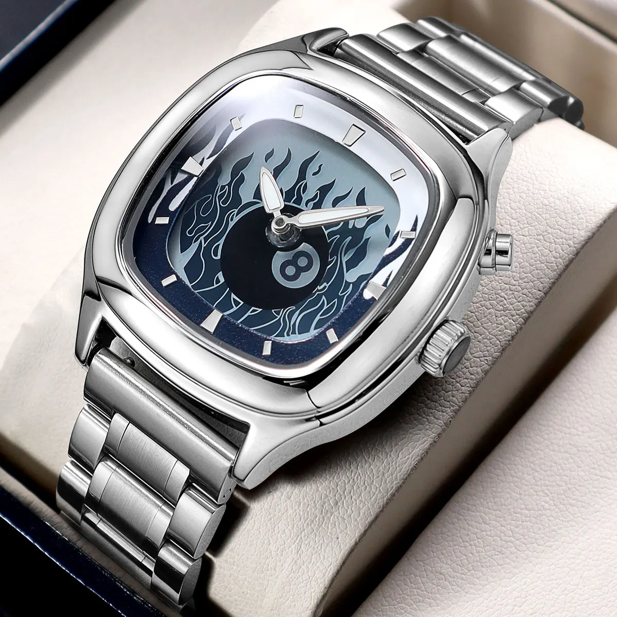 Retro Millennium Watch for Men with Dynamic Flame Dial Unique Creative Quartz Wristwatch with Stainless Steel Strap Square Case