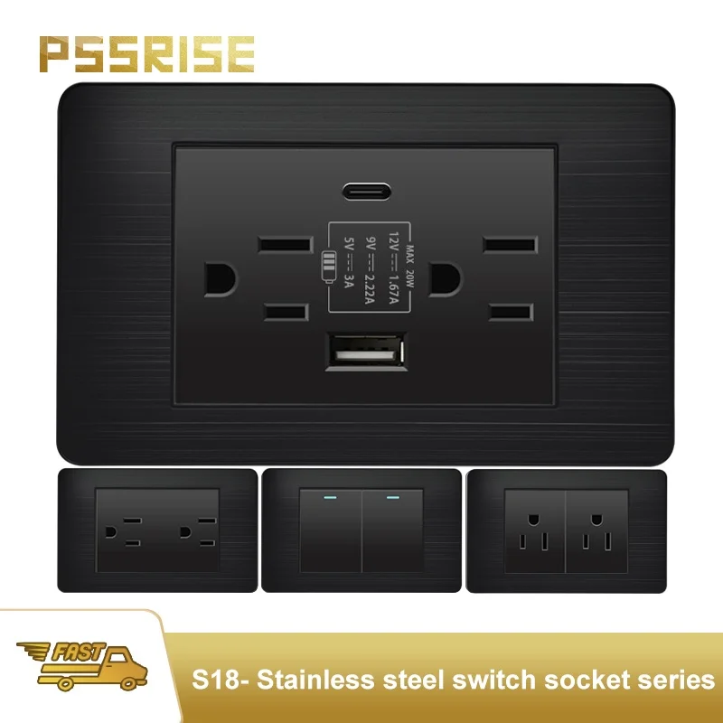 

PSSRISE Новая полностью черная панель из нержавеющей стали Америка Таиланд Стандарт USB 2.1A TypeC Настенная розетка для быстрой зарядки Выключатель света 20 Вт