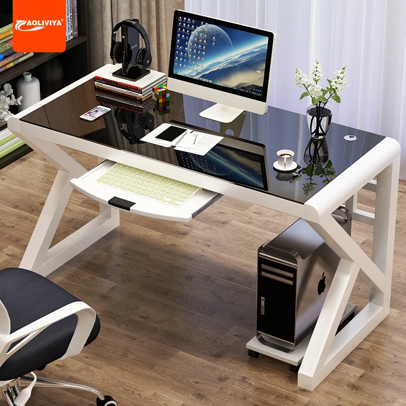 AOLIVIYA 1.2m/1.4m Computer Desktop Table Simple Modern Economical Desk for Home Use Simple Tempered Glass Computer Desk