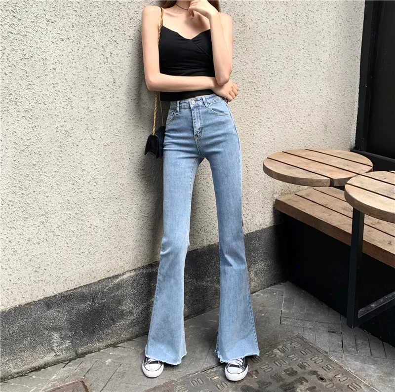 Chic Wide Leg Pants Women Streetwear High Waisted Jeans Ladies Elastic Denim Chic Korean Fashion Elegant Light Blue Bottoms