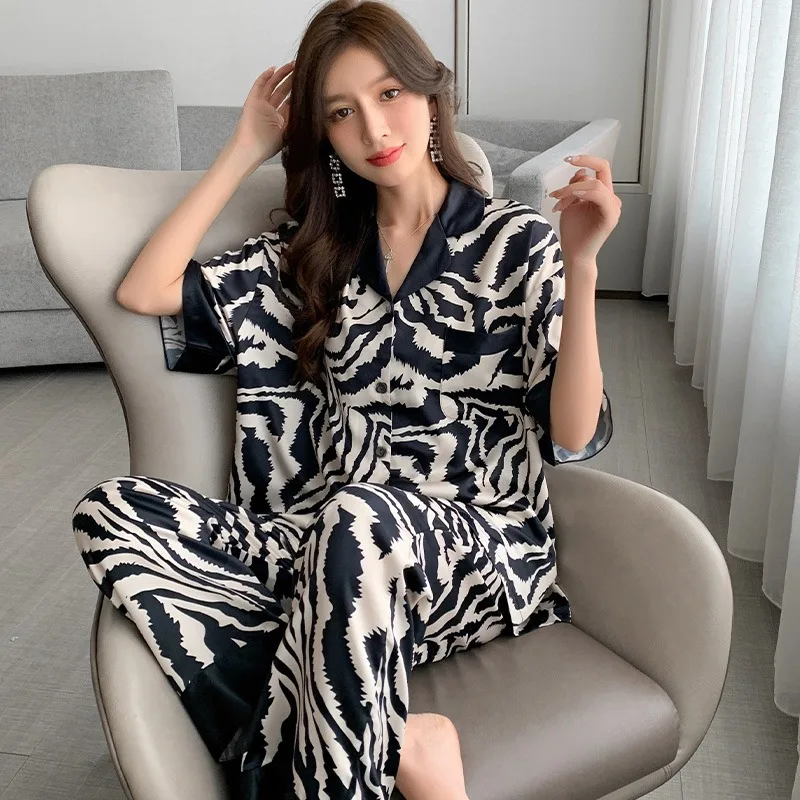Pajamas Women\'s Spring and Summer Short-Sleeved Long Pants Pajamas Zebra Grain Silk Short-Sleeved Long Pants Home Wear Suit