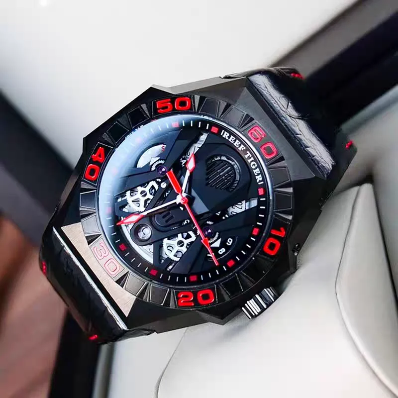 Reef Tiger Men Automatic Watch 41.8mm Military Mechanical Wristwatch 100M Waterproof Luminous Sapphire Mirror Relogio Masculino
