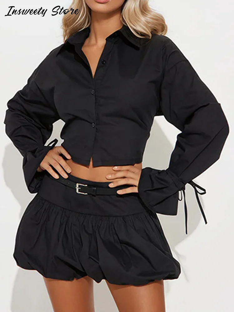 

Топ со шнуровкой и бантом, комплект юбок, женские однобортные топы с отложным воротником, однотонное бальное платье с бутонами, новинка лета 2024, женские шикарные наряды