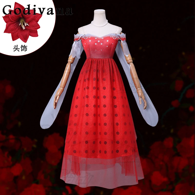 

Fashion Strapless Exquisite Print Temperament High Waist Cos Red Dress A-line Sweet Slash Neck Animation Show Elegant Dresses