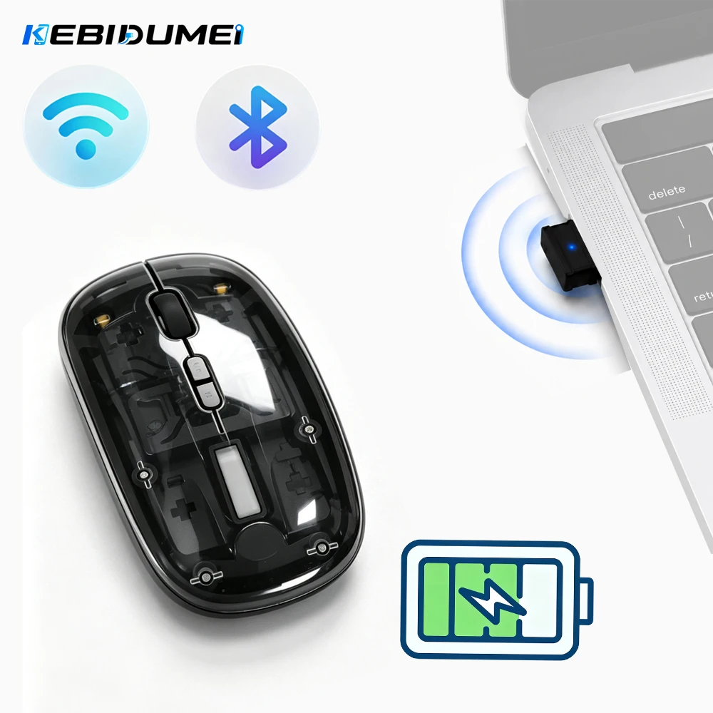 KEBIDUMEI Bluetooth Kabellose Maus Transparent Dual-Mode Gaming-Maus 500mAh Wiederaufladbare Leise Büromaus Ein-Klick-Rückkehr