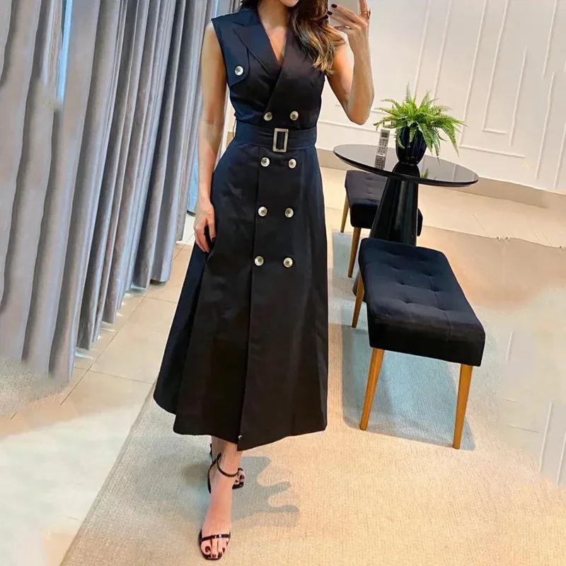 

Black Summer Dresses Women Split Belt V-neck Sleeveless Party Prom Dress Night High Waist Casual Streetwear Elegant Vestidos