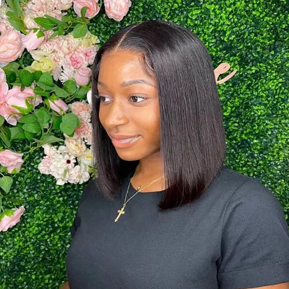 Kurze Bob-Perücke aus Echthaar, 14 Zoll, natürliche Farbe, 13x4 HD-Spitzenfront, 200er Dichte, vorgezupftes Babyhaar, gebleichte Knoten, kleberlose Perücken für Damen, Alltagsfrisur