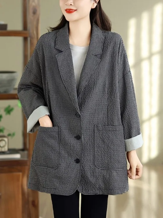 Retro Checkered Casual Suit Loose plus Size Women's Outerwear Relaxed Slimming Mid-Length Coat with   Pear Straight