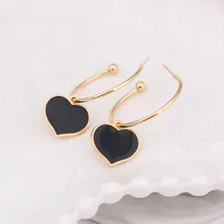 Heart Enamel Earrings Korean Black Drop Oil Pendant Earrings for Women Large Heart Shaped Hoop Earrings Minimalist Stud Jewelry