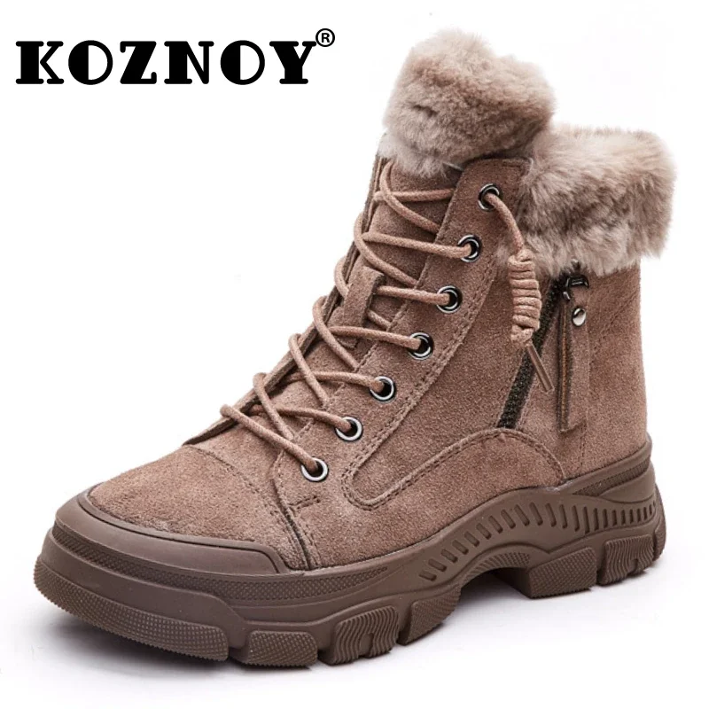 Koznoy 3.5cm Genuine Leather Boots Spring Autumn Chimney Fashion Ankle Booties Moccasins Winter Plush Platform Wedge Women Shoes