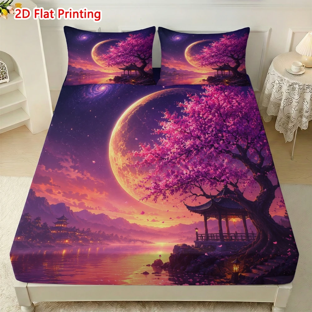 3-Piece Set of Cosmic Landscape Cherry Blossom Tower Duvet Cover and Pillowcase Set, Mattress Protector, 3-Piece Bedding Set (Includes 1 Fitted Sheet + 2 Pillowcases), 3-Piece Set, Deep Pocket Fitted Sheet with 2D Print and 2 Pillowcases, Fitted Sheet Style with Elastic, Protective Cover, Mattress Protector, Suitable for All Seasons, Machine Washable Design, Holiday Decoration, Various Sizes, Breathable Protective Cover Plus Pillowcases