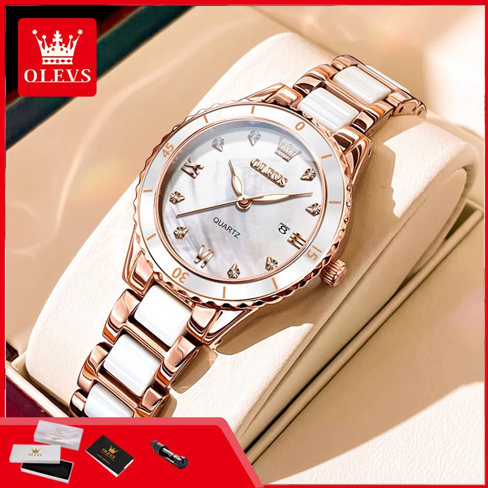 OLEVS 9985 Quartz Watches for Women Elegant Ceramic Strap Auto Date Waterproof Calendar Top Luxury Original Women's Wristwatches