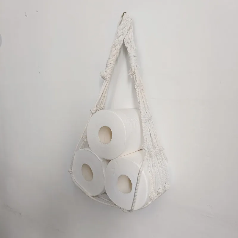 Handwoven Cotton Rope Toilet Paper Holder - Hanging Roll Paper Storage Pocket for Bathroom, Rustic Wall Mount Tissue Organizer - view 5