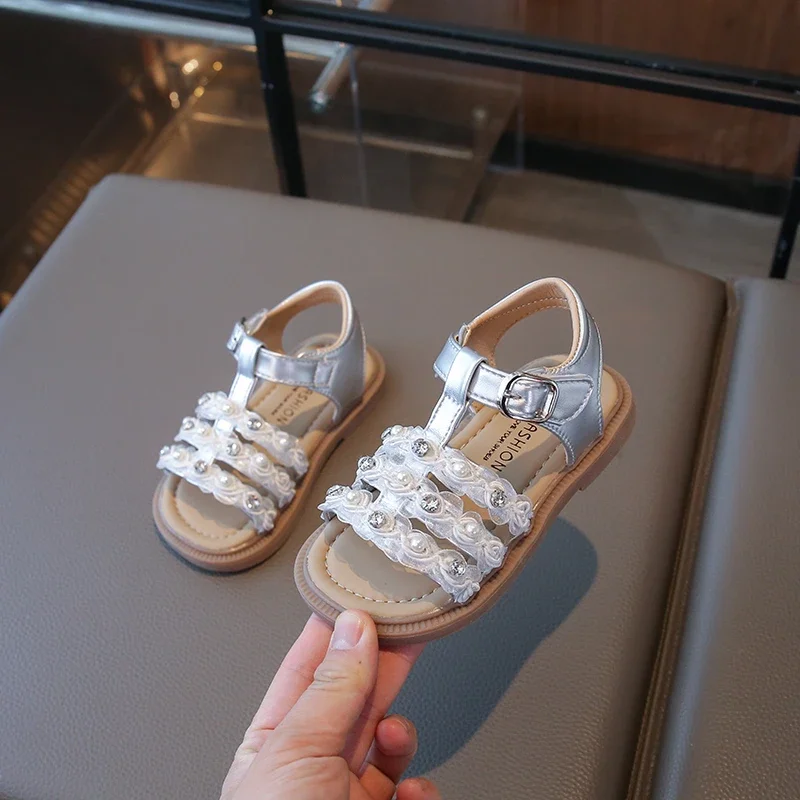 

New Summer Girls Causal Sandals Toddler Wedding Party Kids Pearl Princess Shoes Sweet Fashion Children's Open-toe Flat Sandals
