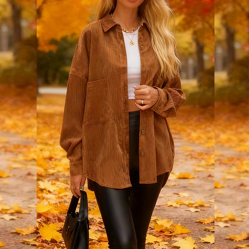 

Женская элегантная рубашка с карманом, отложным воротником и застежкой на пуговицы