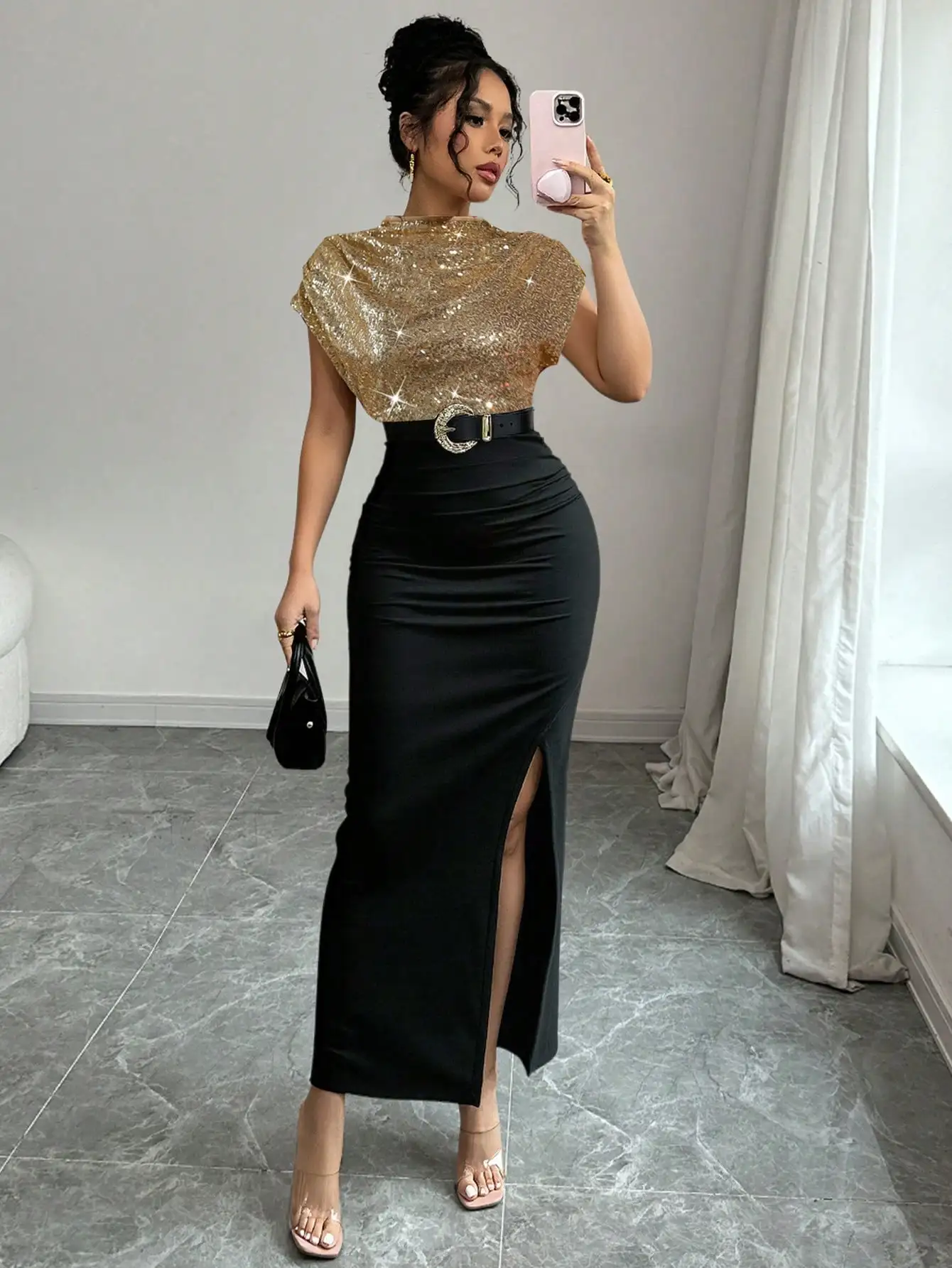 

Женский золотой топ с пайетками и черная юбка-карандаш с высоким разрезом для вечеринок, свиданий, банкетов
