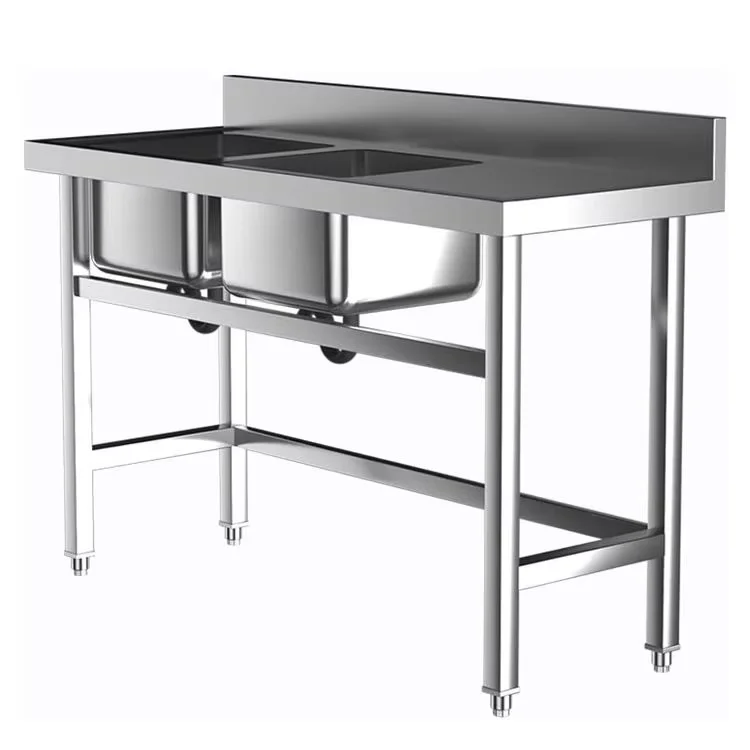 Commercial Hotel Kitchen Equipment Double Bowl Stainless Steel Sink with Work Table Square Shape and Two Holes