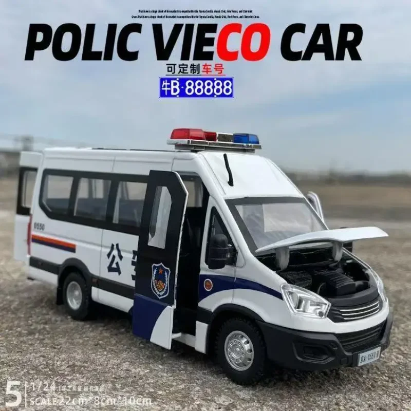 Coche de aleación de policía IVECO a escala 1:24, modelo de Metal fundido a presión, sonido y luz, juguete extraíble, adornos interiores, juguetes para niños, regalos Doiplay