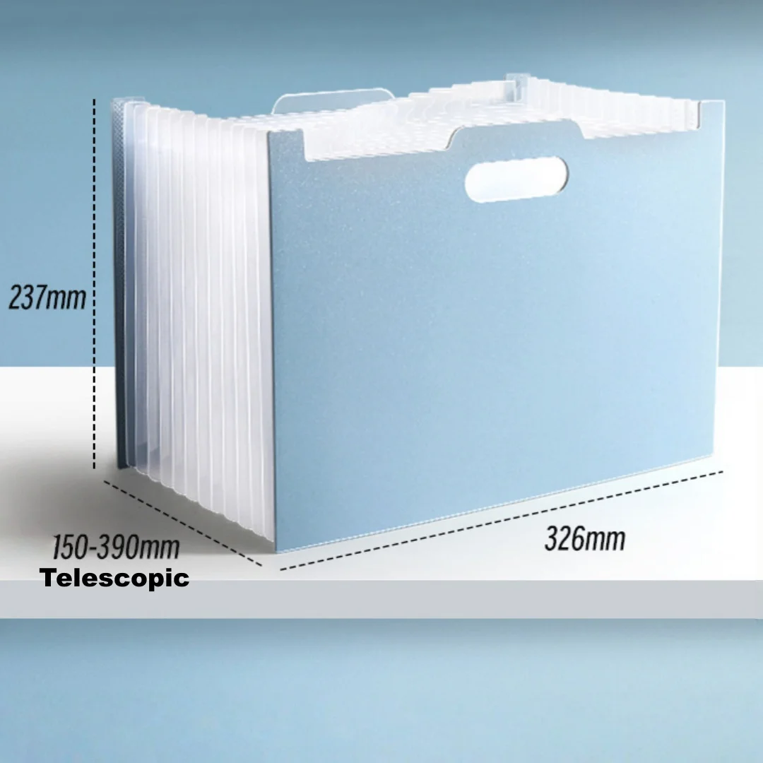 منظم ملفات الأكورديون مع 13 جيبًا، مجلد ملفات موسع مع جيب ملصق، جزء علوي مفتوح مستقيم، وثيقة ورقية بحجم A4/حرف