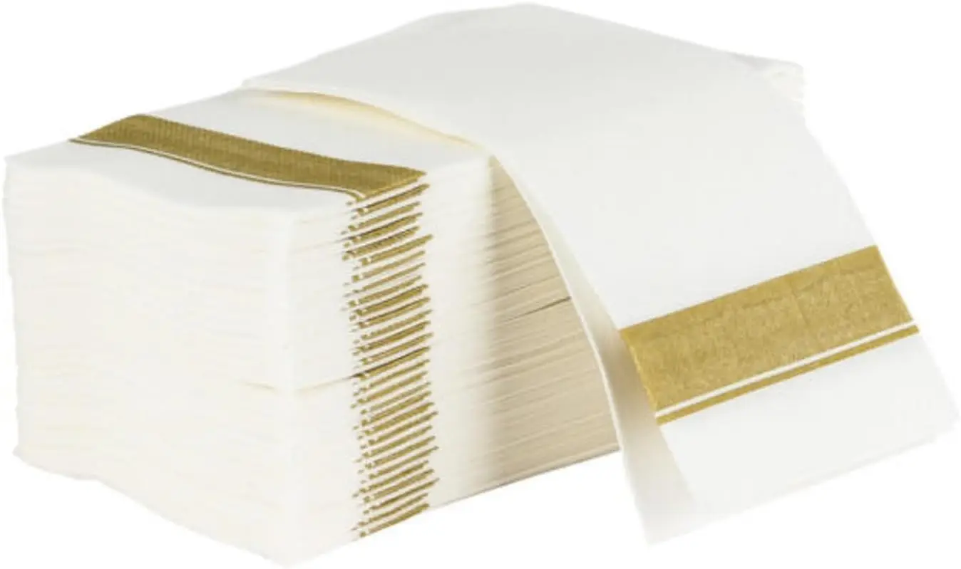 

50-Pack White Cloth-Like Napkins with Gold Border, 22x22 Disposable for Weddings and Parties