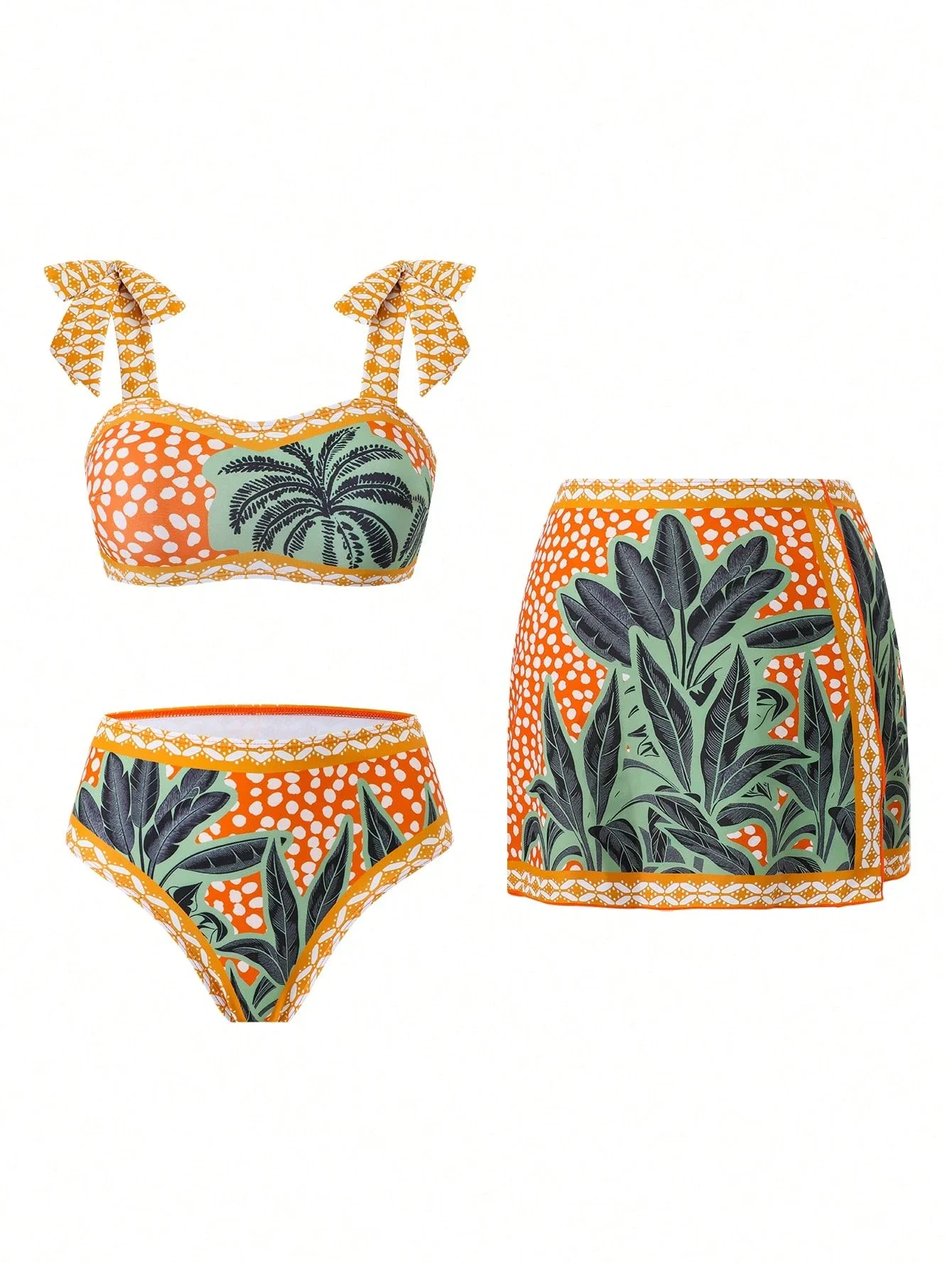 

Яркий оранжевый комплект для плавания из 3 предметов с принтом тропических листьев: топ с бантом, плавки и юбка-парео для пляжного отдыха