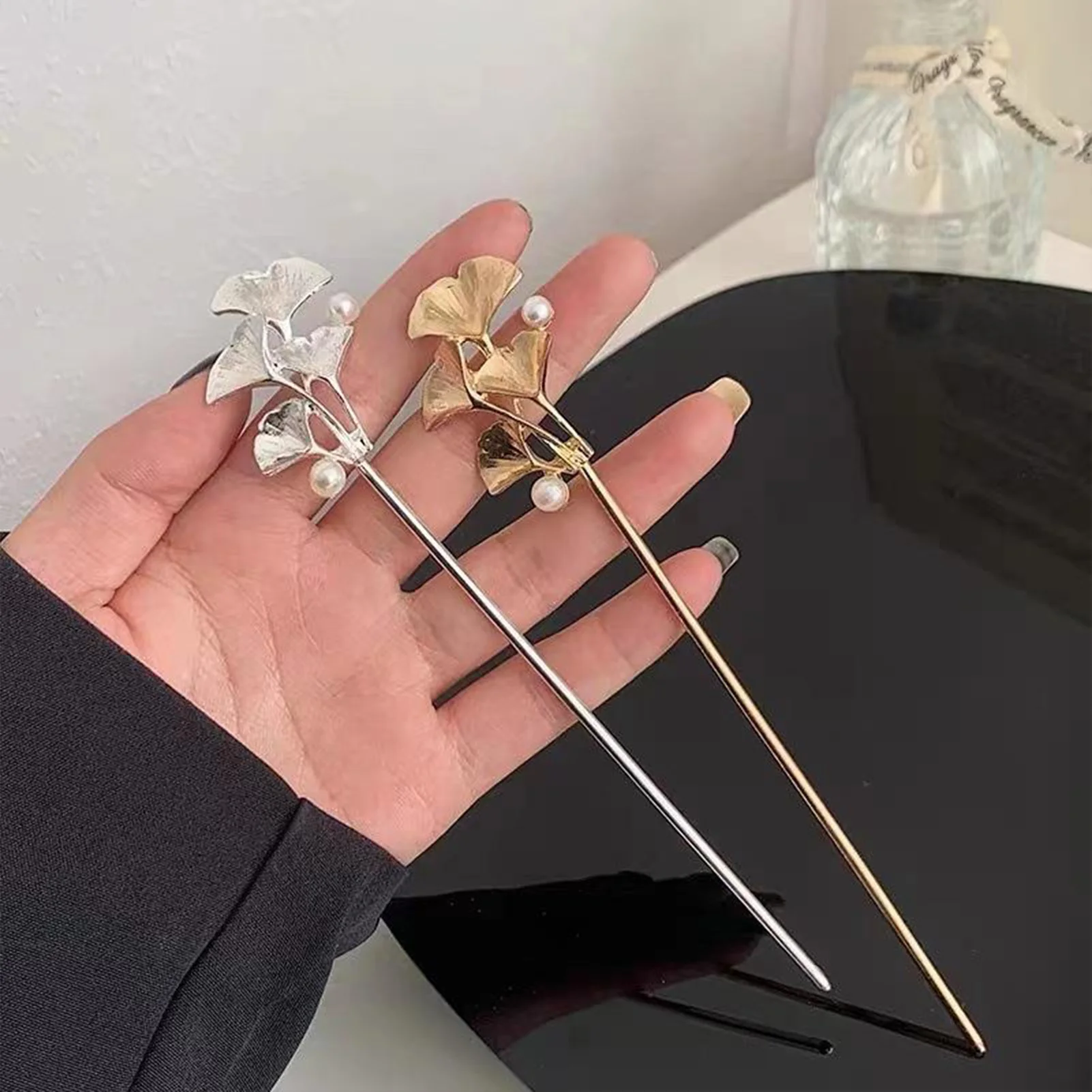 Ginkgo Leaf Hair Stick For Women Gold/silver Retro Pearl Hairpins Chinese Style Wedding Hair Accessoreis Simple Hair Clasp