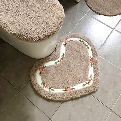 Heart Shape Nonslip Bath Mat Embroidered Toilet Rug Kit Water Absorption Door Mat for Bathroom Toilet Bedroom 2 Sizes Floor Mat