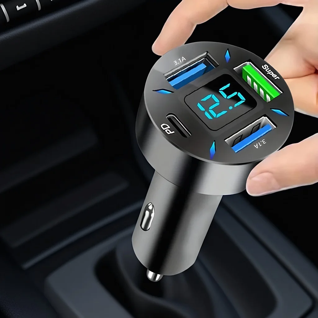 

Smart 4 Port Car Charger with PD Fast Charge Digital Voltage DisplayBlue Light 12V/24V Auto Adapter