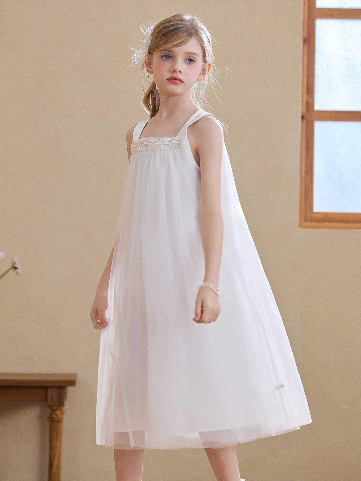 

Girls Sleeveless Mesh Sundress A-Line White Summer Dress Cute Casual Party Wedding Dress for Toddler Little Girl