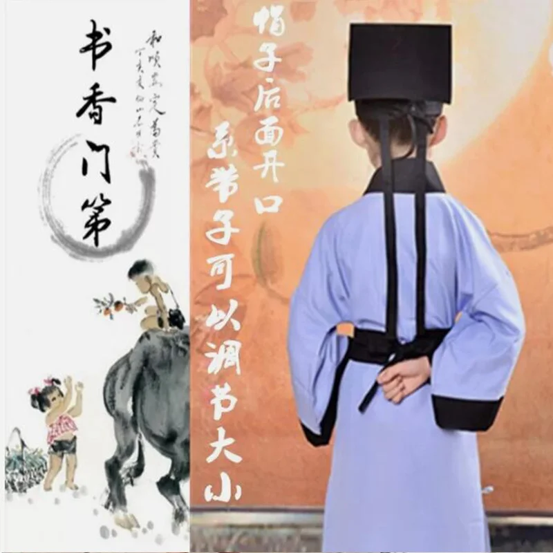 Ancient Chinese Traditional Teacher Scholar Hanfu Black Hat Costume Men Kid Boy Headband Headdress Male Cosplay Vintage Gift