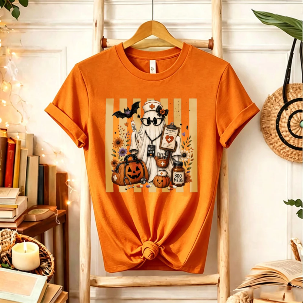 Halloween Nurse Ghost T‑Shirt Cute Ghost Nurse Cap Pumpkin Bat Floral Medical Clipboard Stethoscope Healthcare Worker Casual Top