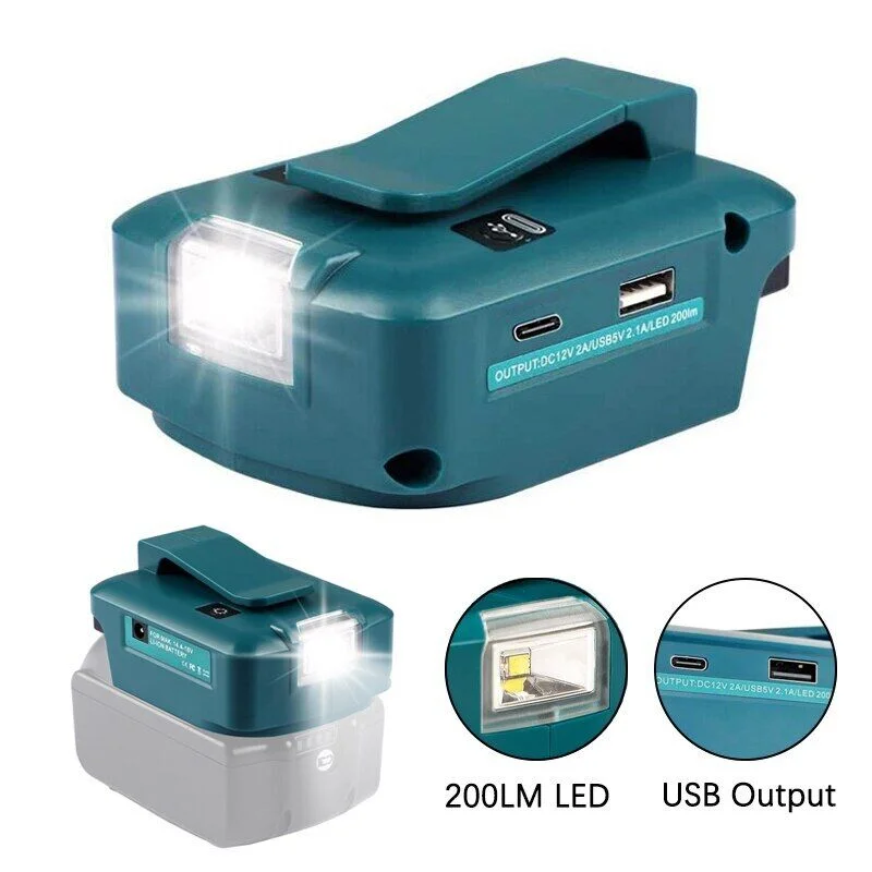 For Makita 14.4V/18V Li-ion Battery BL1830 Working Light Adapter Type-C Dual USB Converter with LED Lamp Flashlight for Makita