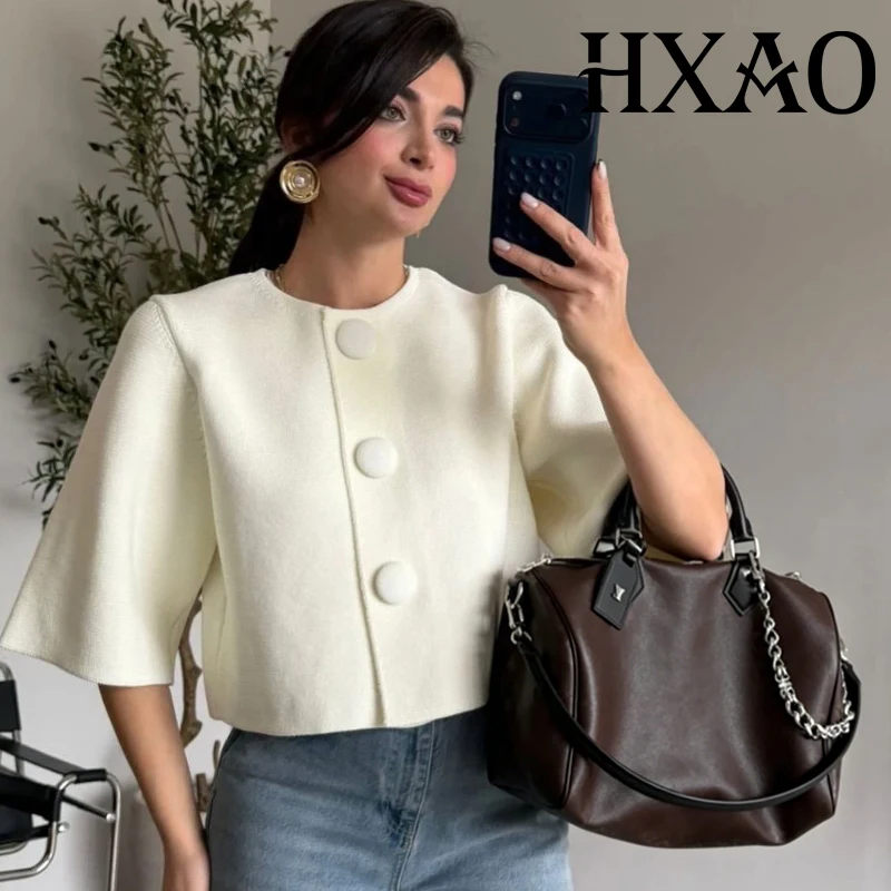 

HXAO Cropped Cardigan For Women Beige Knit Short Sleeve Women's Cardigan With Buttons Fashion Elegant Demi-Season Knitted Top