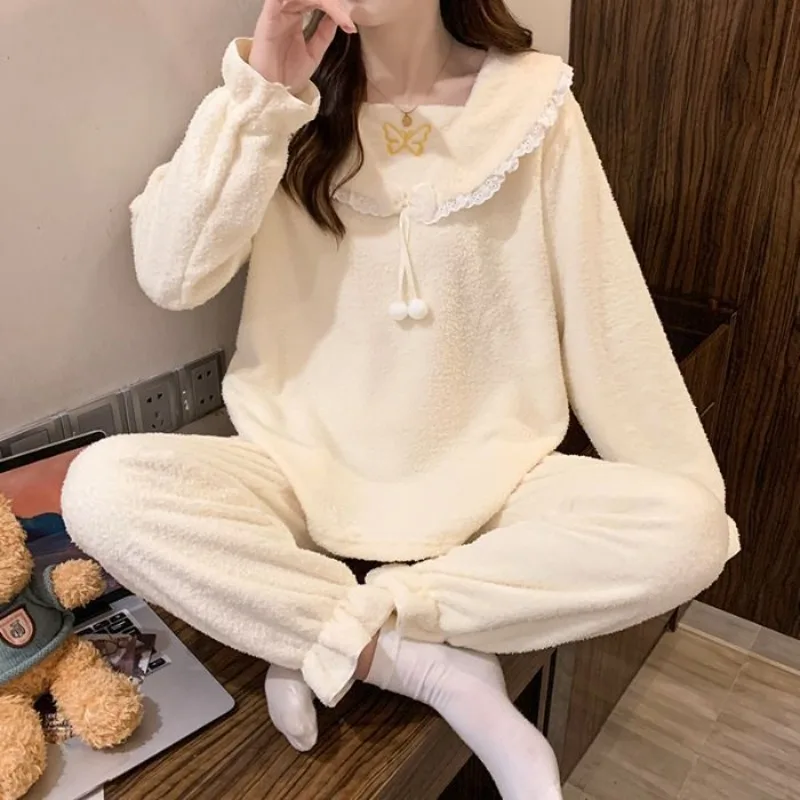 

M-5XL Большие размеры, женский пижамный комплект из пушистого флиса, плотная зимняя теплая одежда для сна, корейская одежда из двух предметов, брюки с длинными рукавами, домашняя одежда