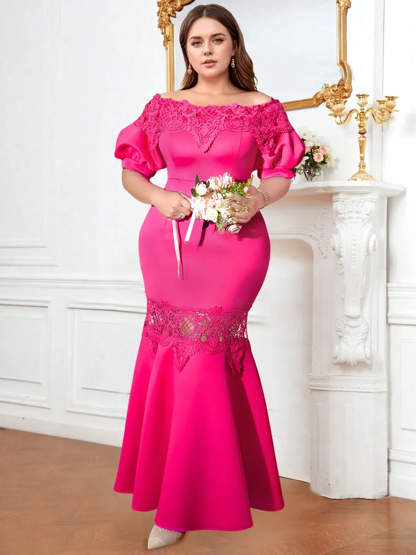 Women's Elegant Fishtail Maxi Party Dress Sexy Solid Color Off Shoulder Bubble Sleeve Wrap Hip Celebrate Occasion Gown Plus Size