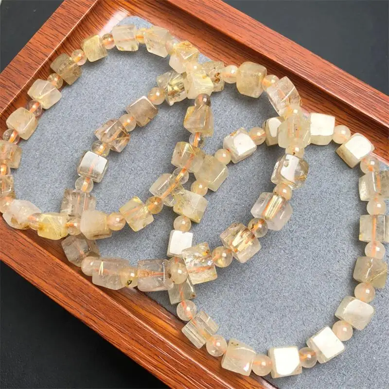 Natural Freeform Rutilated Quartz Cube Bracelet Woman Lady Man Healing Wealth Gift Crystal Beads Quartz Gemstone Jewelry 1PCS