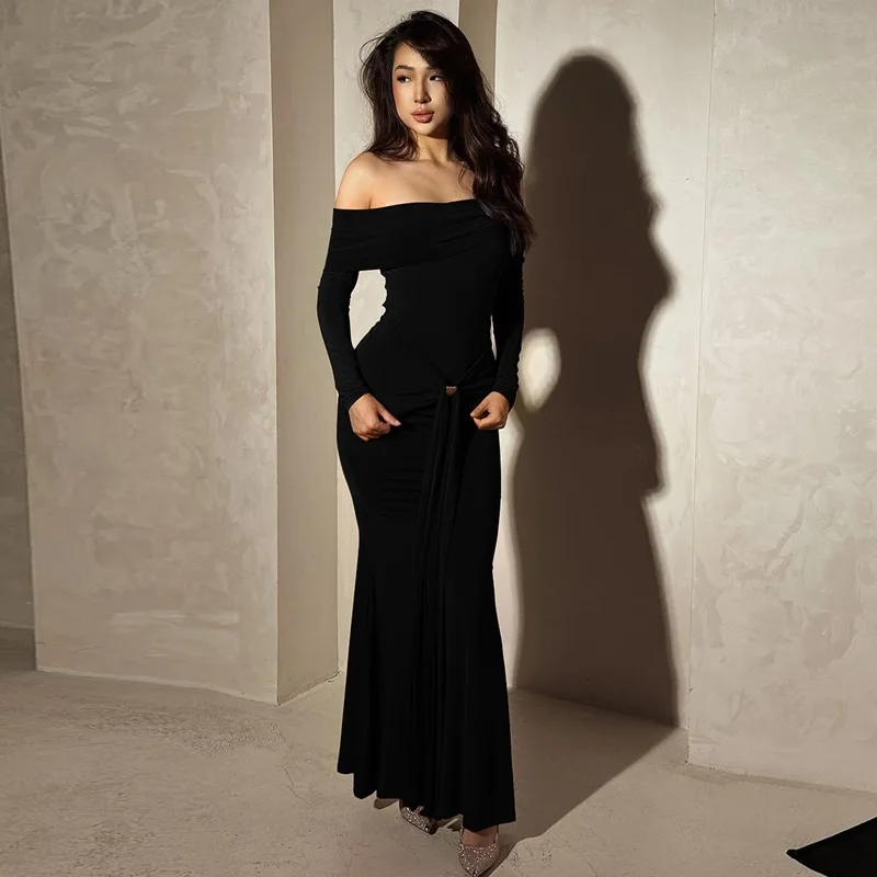 Elegancka sukienka maxi z odkrytymi ramionami, marszczeniami, kryptograficzny wzór, damska, na imprezę, do klubu, jesienne sukienki bodycon z długim rękawem, suknia, odzież.