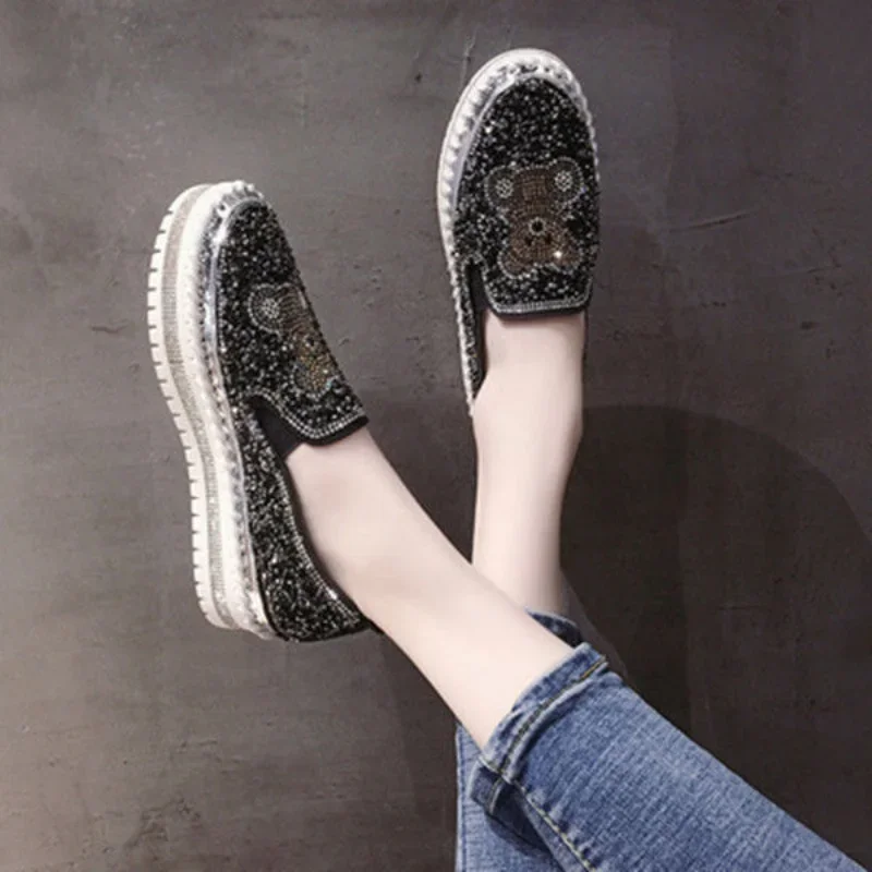 Diamond Rhinestone Loafers with Crystals Ladies Shoes High on Platform Low Slip Women Footwear Bow Canvas 39 Cotton Trends 2024