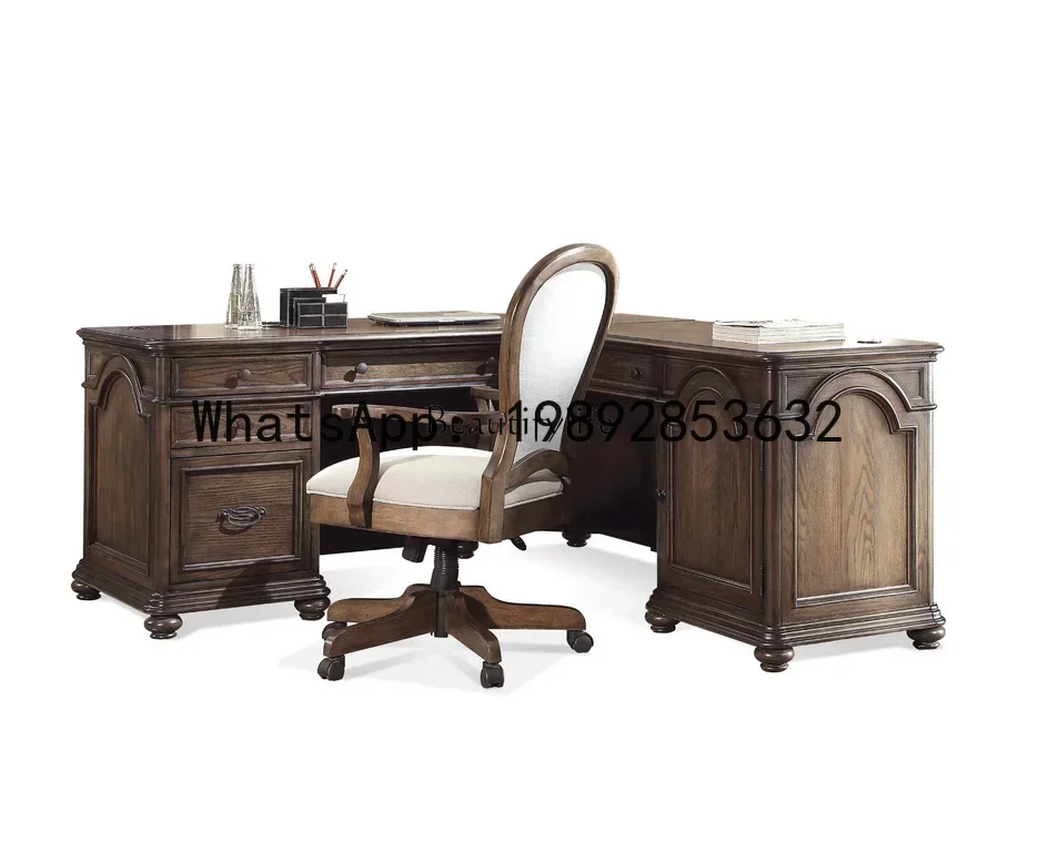 Europejskie biurko narożne w stylu retro, stare, z dębu, amerykańskie, z litego drewna.