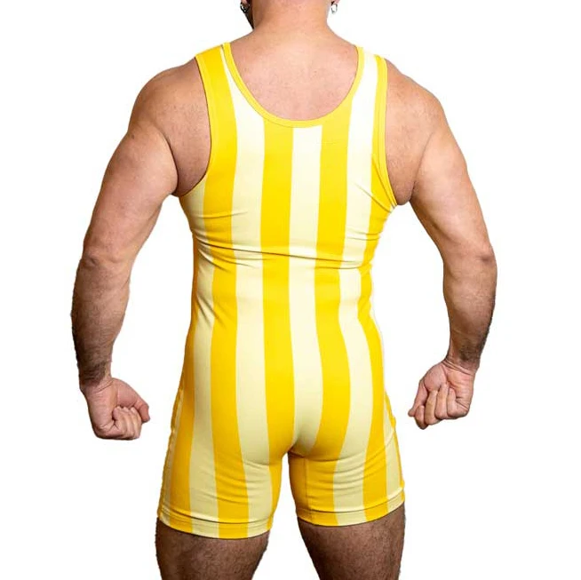 Yellow Vertical Stripes Wrestling Singlets Suit Boxing One Piece Bodysuit Iron Gym Sport Fitness PowerLifting Skinsuit Wear