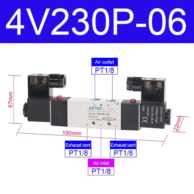 AIRTAC Originele Pneumatische 5/3 Weg Dubbele Magneetventiel 4V130C-06/M5 4V230C-08 4V330C-10 E P Omkeerklep 12V 24V 110V 220V