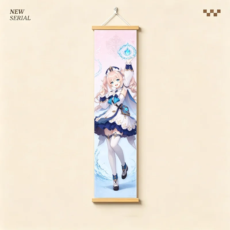 Hanging Scroll Wall Art of Genshin Impact Barbara with Pastel Blue Motifs, Silver Shimmer Canvas for an Anime Bedroom