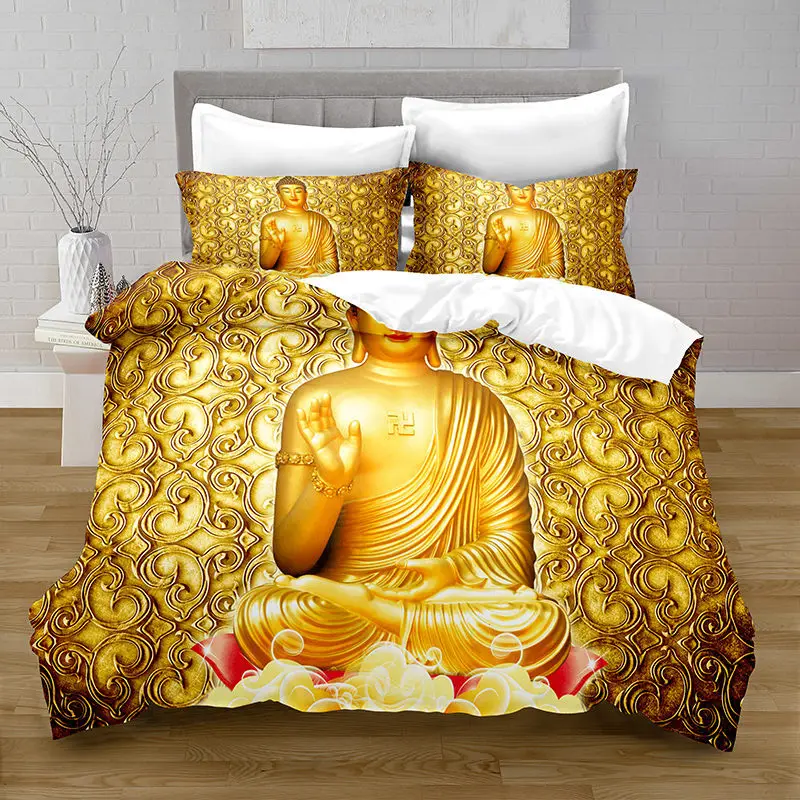 

Gold Buddha Duvet Cover Set King Queen Asian Religions Culture Bedding Set Buddhist Polyester Quilt Cover for Buddhist Believer